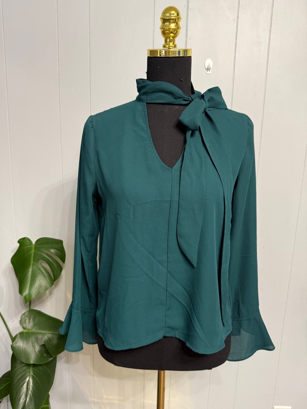 #1)  Shinestar Teal Tie-Neck Long Sleeve Blouse with Flared Cuffs